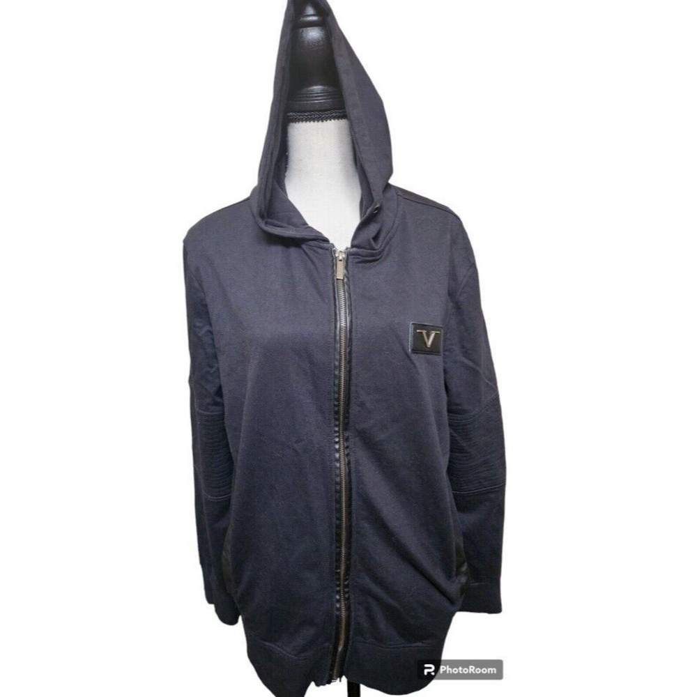 Versace Black Hoodie Leather Trim Full Zip Size L Italia 19V69